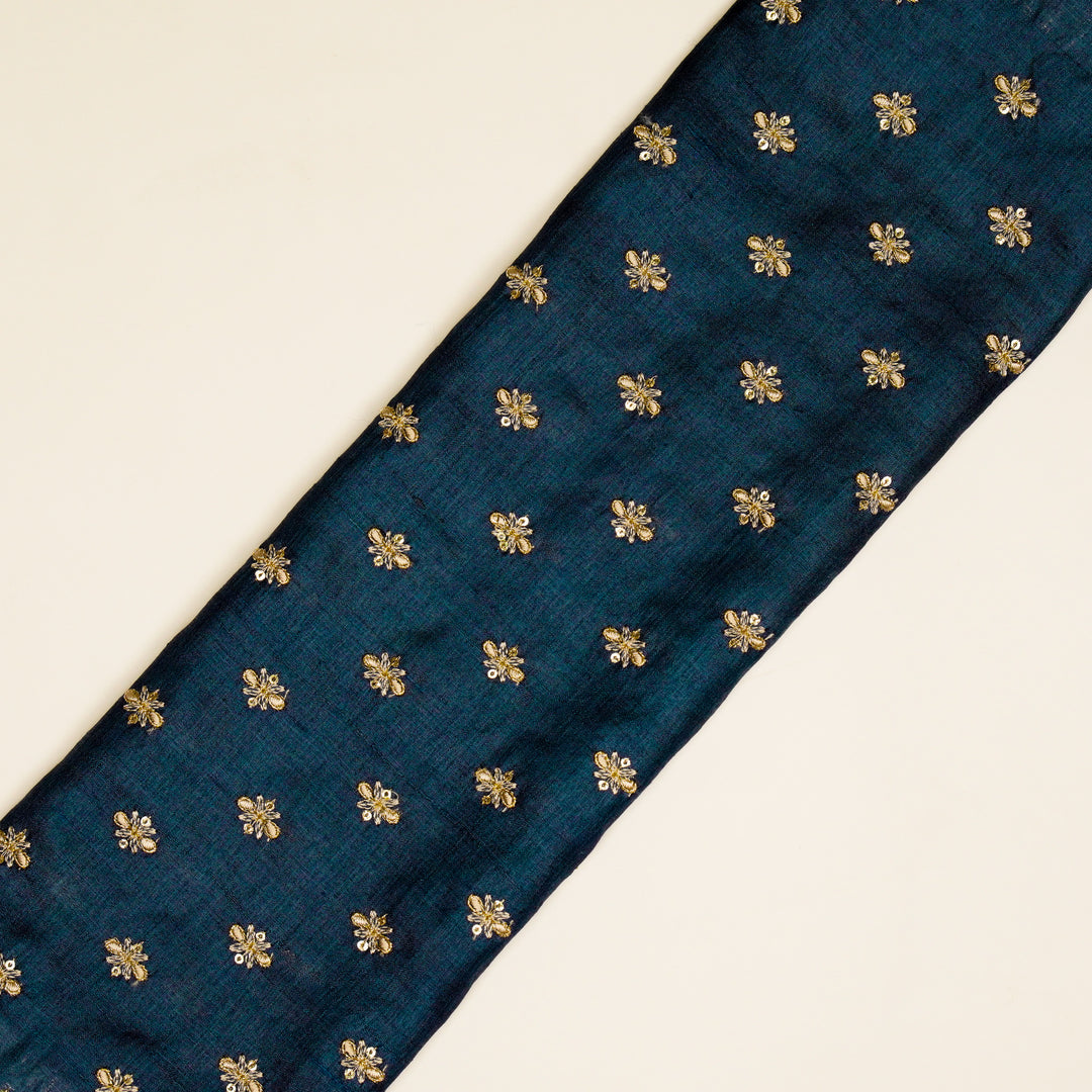 Bindra Buti On Prussian Blue Tussar Silk Embroidered Fabric