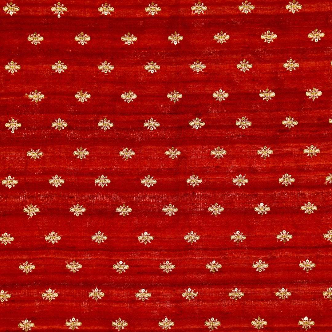 Bindra Buti On Crimson Red Tussar Silk Embroidered Fabric