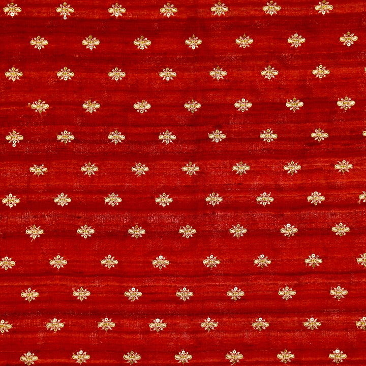 Bindra Buti On Crimson Red Tussar Silk Embroidered Fabric