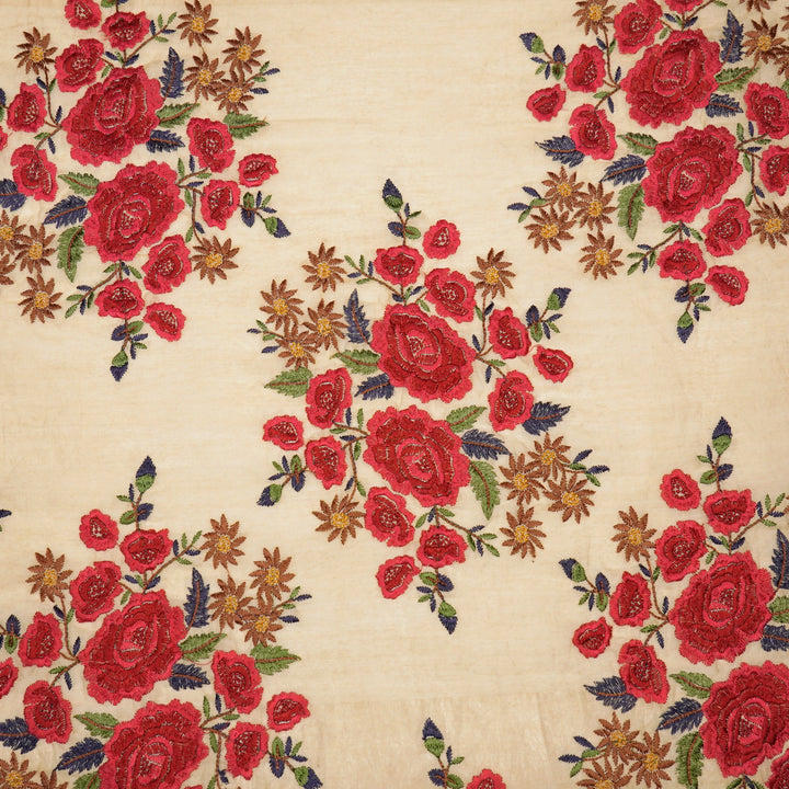 Vasanti Buta on Beige Red Semi Chanderi Embroidered Fabric