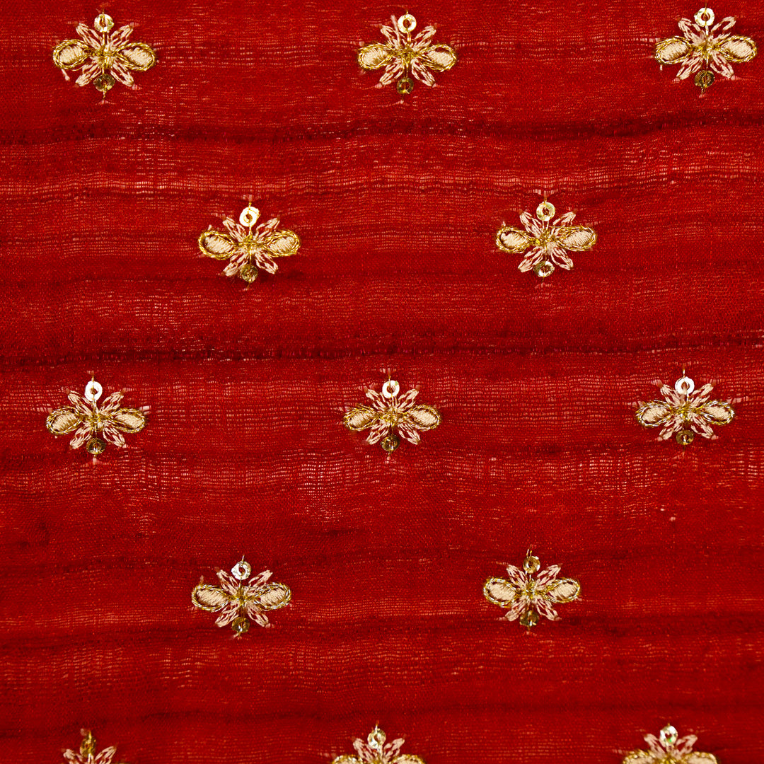 Bindra Buti On Crimson Red Tussar Silk Embroidered Fabric