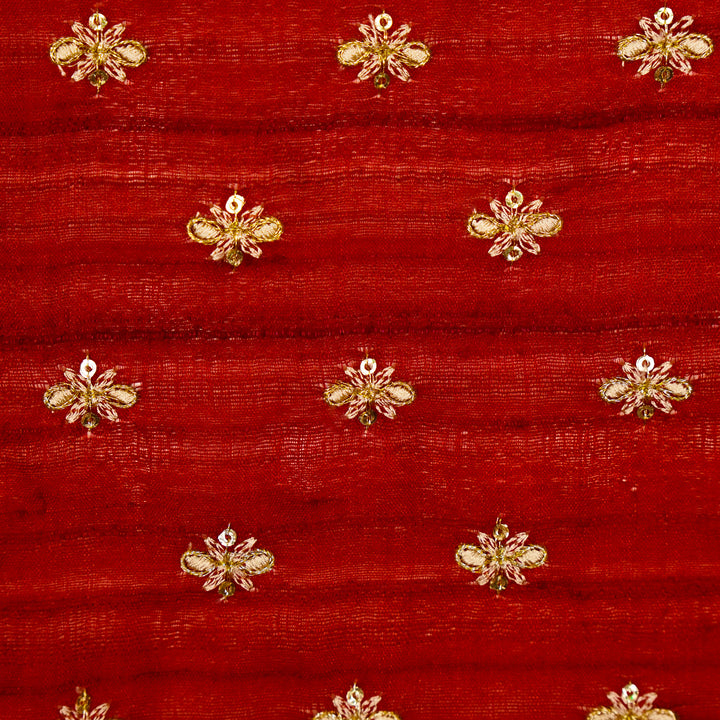Bindra Buti On Crimson Red Tussar Silk Embroidered Fabric