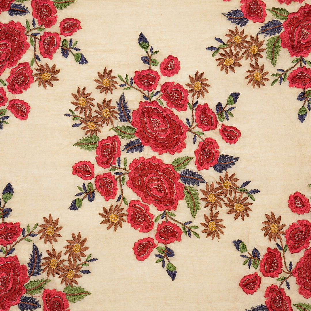 Vasanti Buta on Beige Red Semi Chanderi Embroidered Fabric