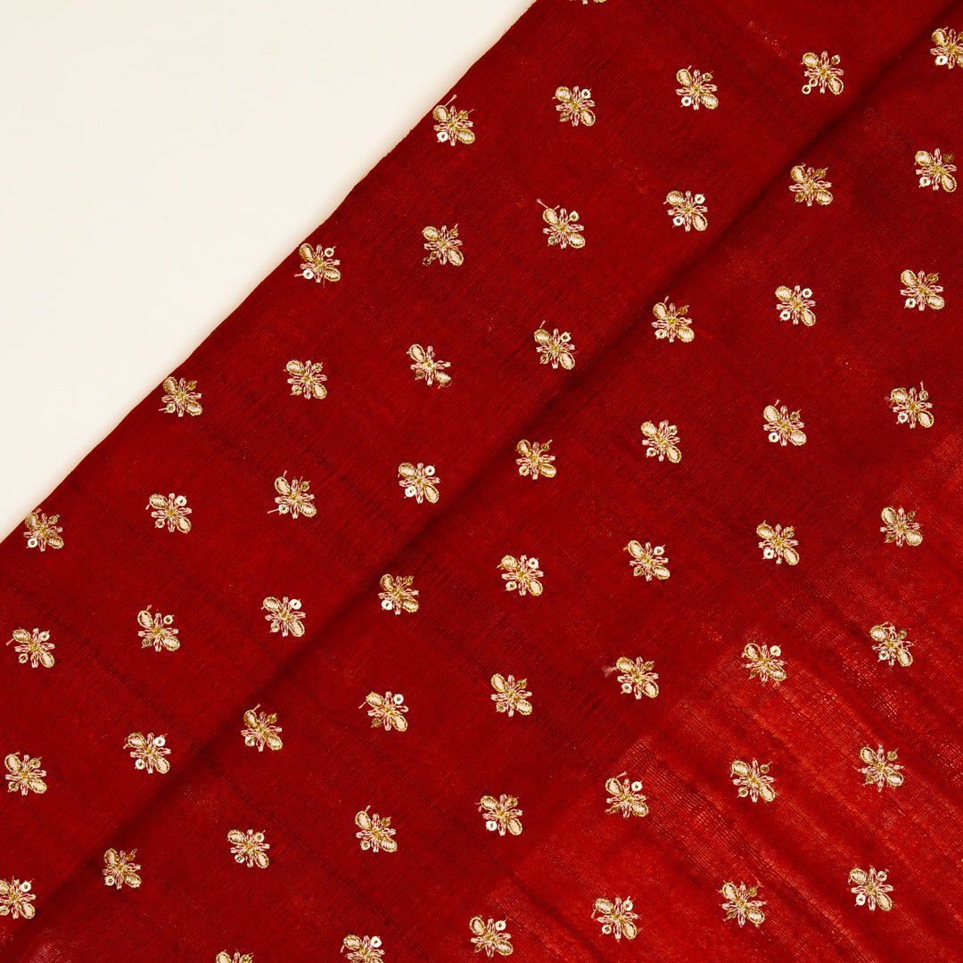 Bindra Buti On Crimson Red Tussar Silk Embroidered Fabric