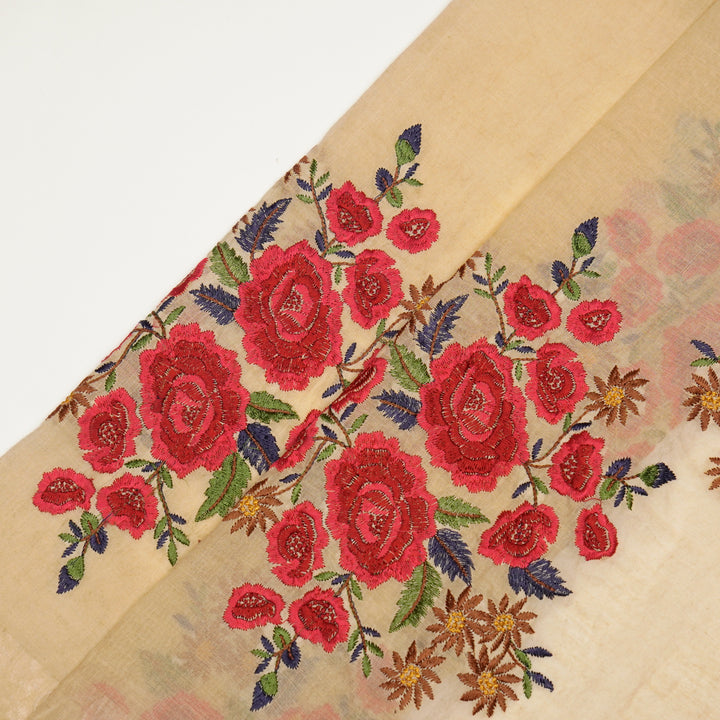 Vasanti Buta on Beige Red Semi Chanderi Embroidered Fabric