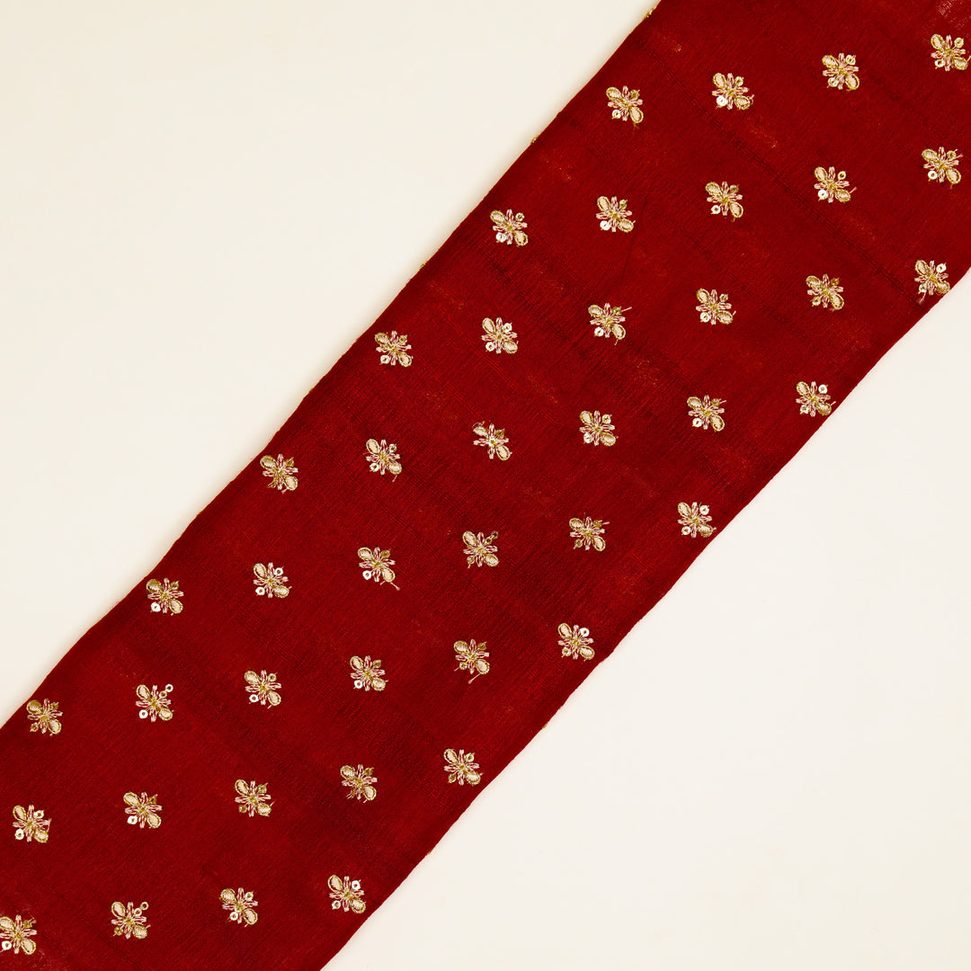 Bindra Buti On Crimson Red Tussar Silk Embroidered Fabric