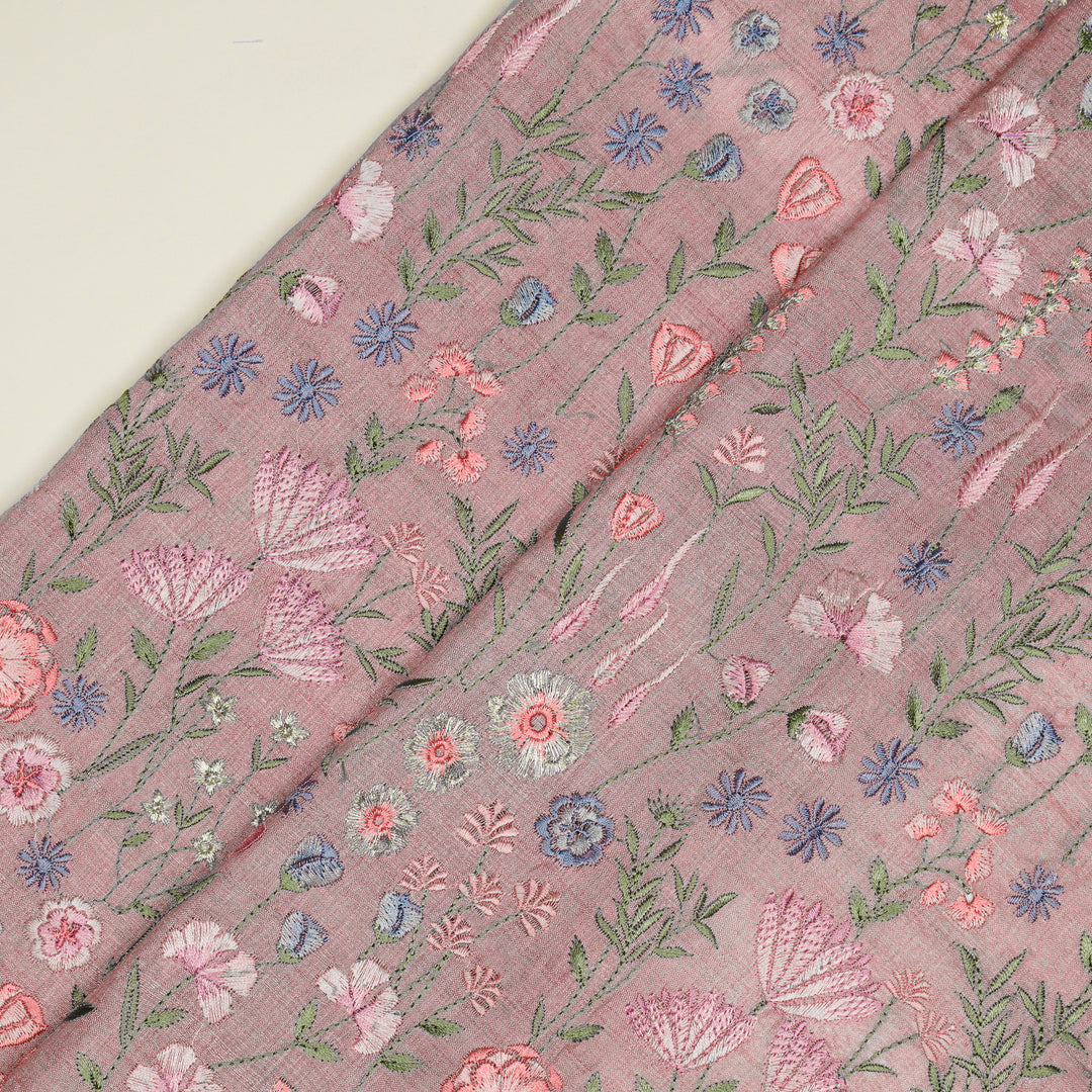 Madhuban Jaal On Lilac Tussar Silk Embroidered Fabric
