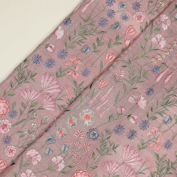 Madhuban Jaal On Lilac Tussar Silk Embroidered Fabric