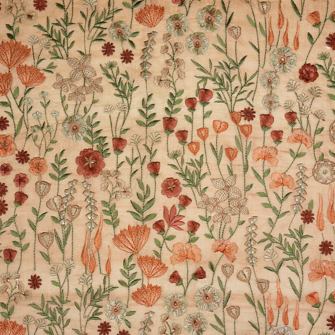 Madhuban Jaal On Light Peach Tussar Silk Embroidered Fabric