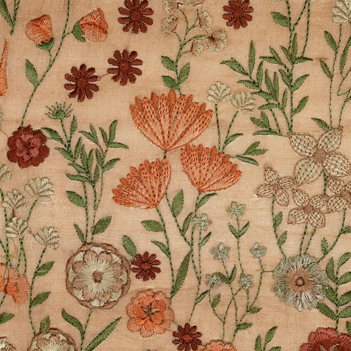 Madhuban Jaal On Light Peach Tussar Silk Embroidered Fabric