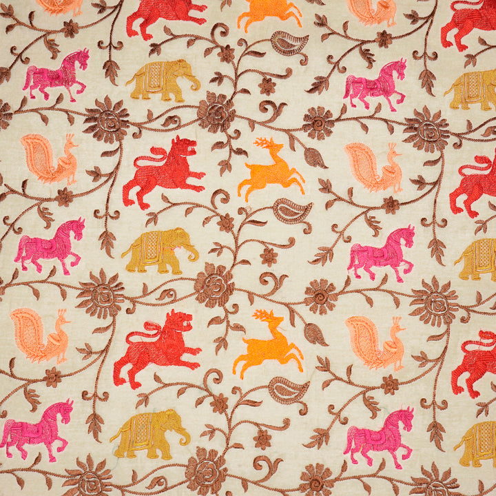 Aranya Jaal on Natural/Brown Silk Chanderi Embroidered Fabric