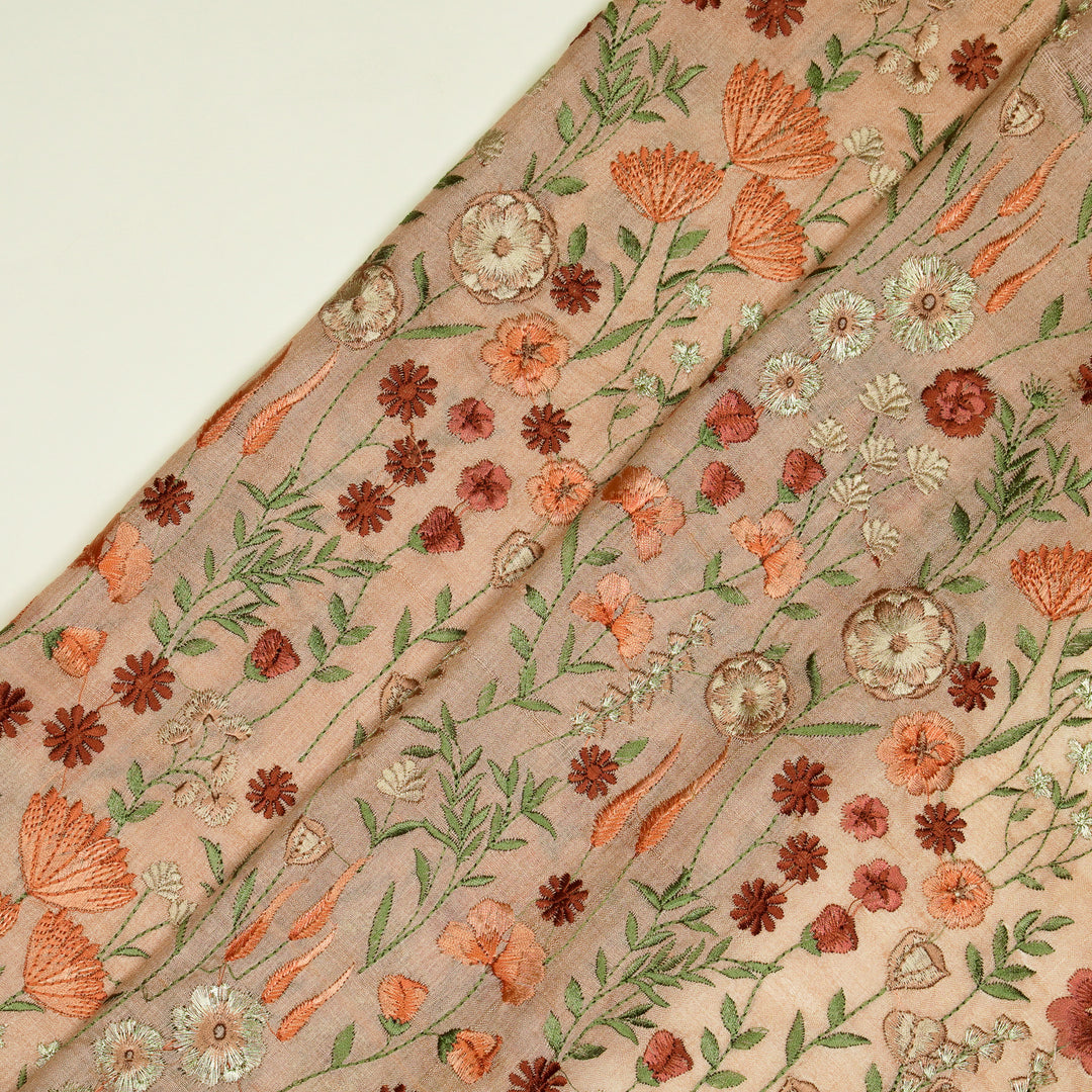 Madhuban Jaal On Light Peach Tussar Silk Embroidered Fabric