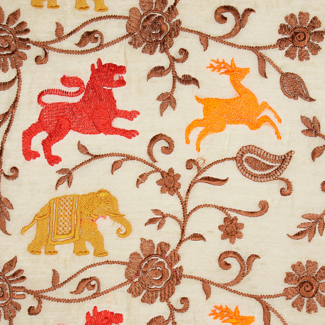 Aranya Jaal on Natural/Brown Silk Chanderi Embroidered Fabric