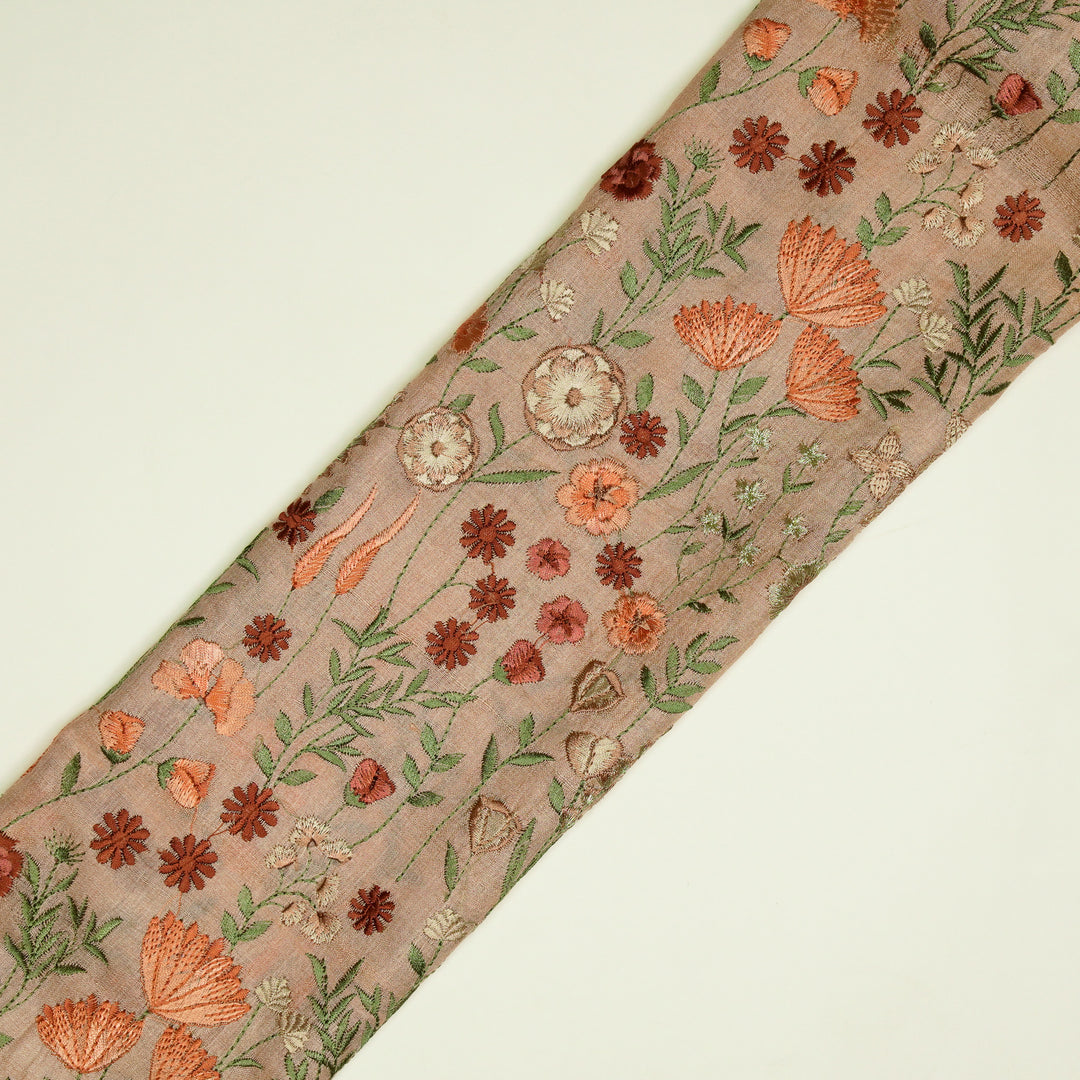Madhuban Jaal On Light Peach Tussar Silk Embroidered Fabric