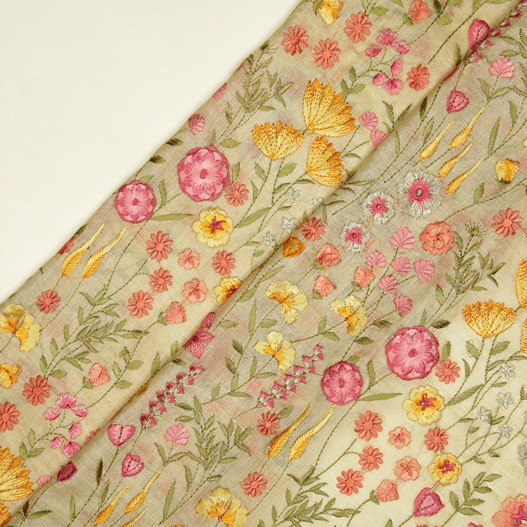 Madhuban Jaal On Natural Tussar Silk Embroidered Fabric