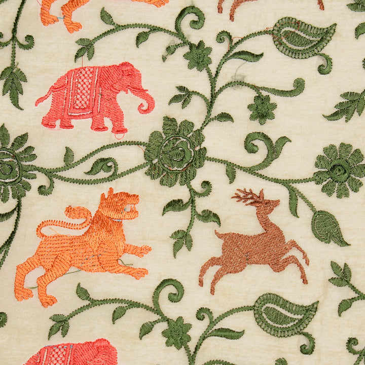 Aranya Jaal on Natural/Bottle Green Silk Chanderi Embroidered Fabric