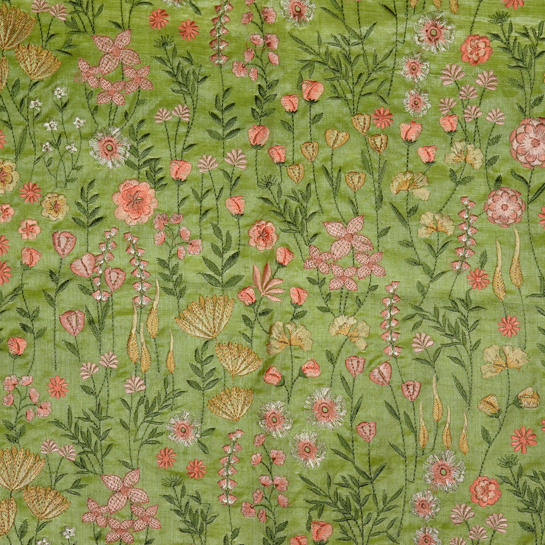 Madhuban Jaal On Pista Green Tussar Silk Embroidered Fabric