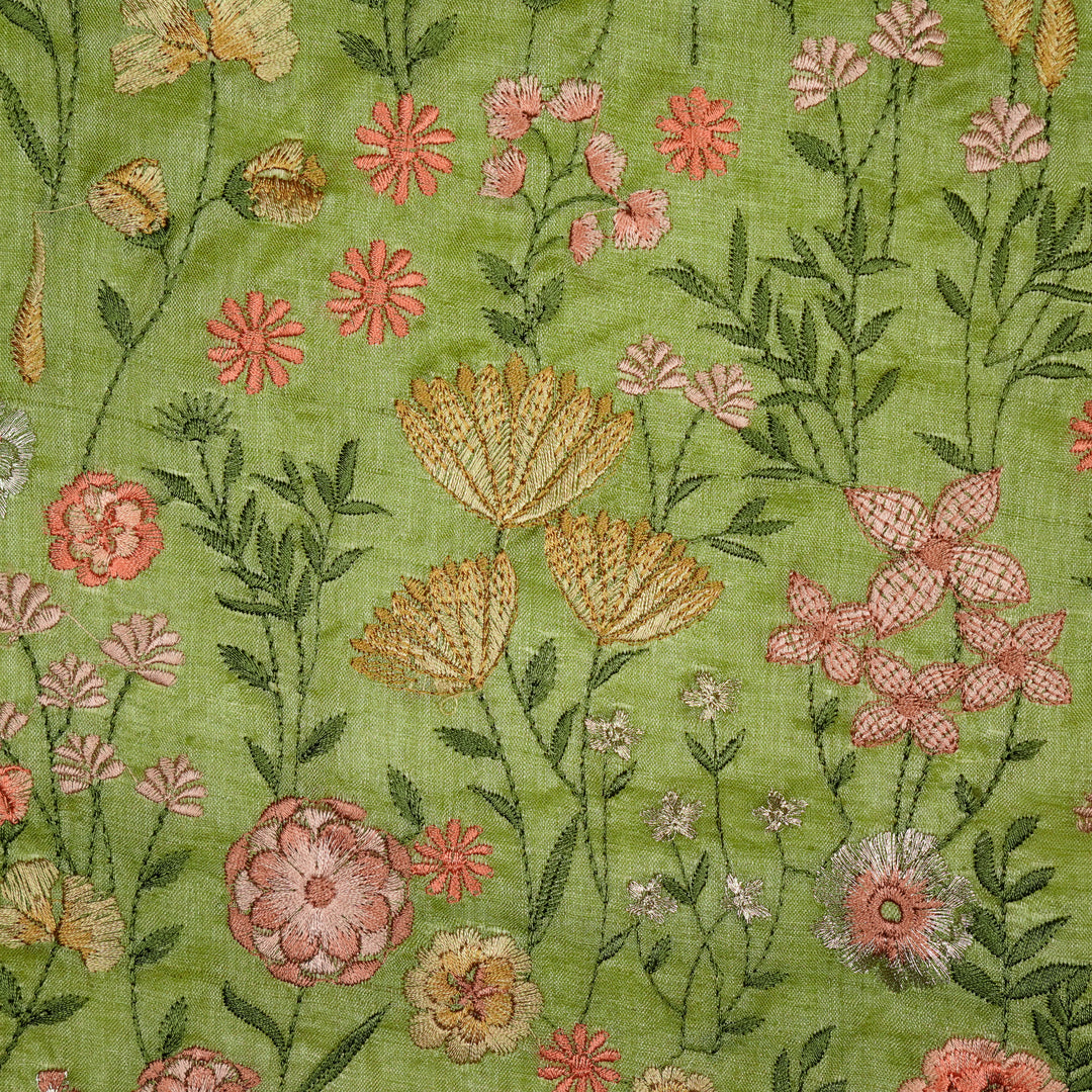 Madhuban Jaal On Pista Green Tussar Silk Embroidered Fabric