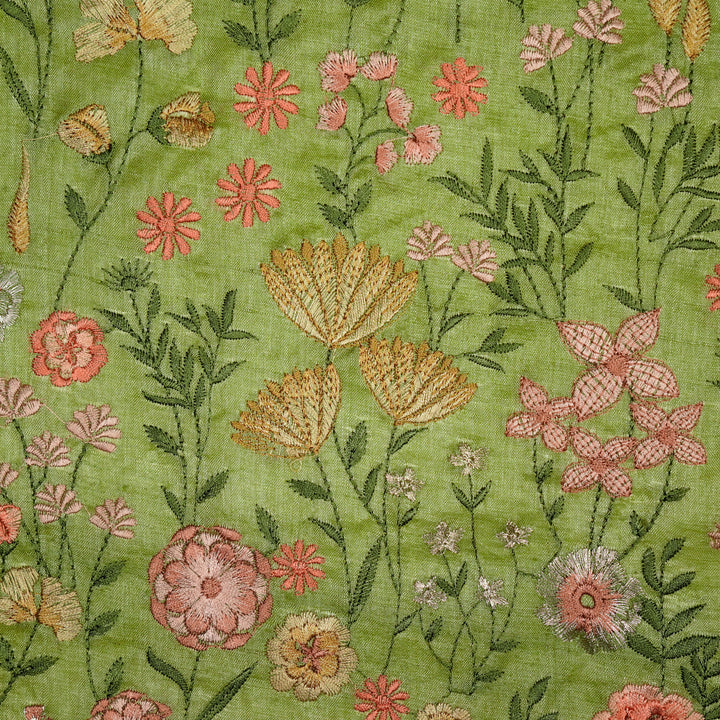 Madhuban Jaal On Pista Green Tussar Silk Embroidered Fabric
