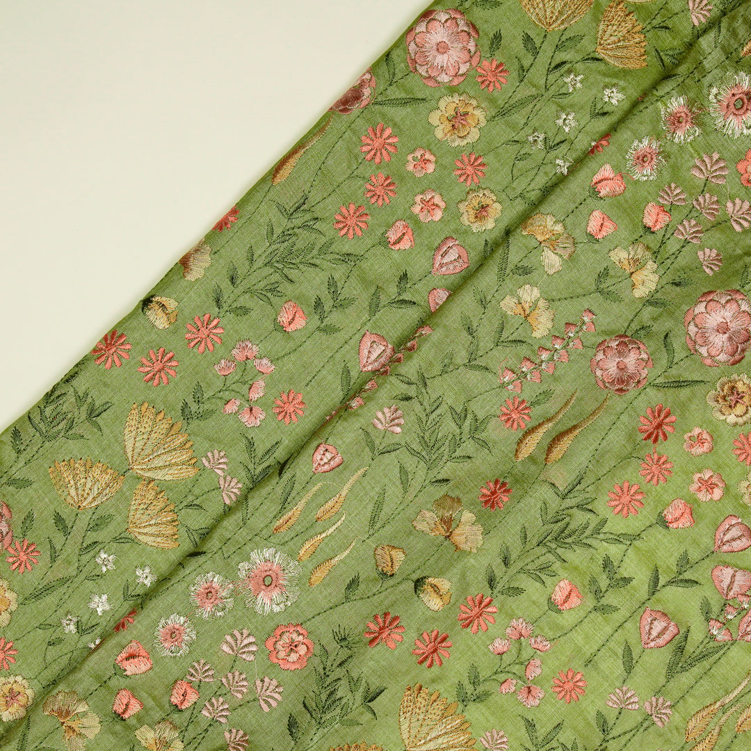 Madhuban Jaal On Pista Green Tussar Silk Embroidered Fabric