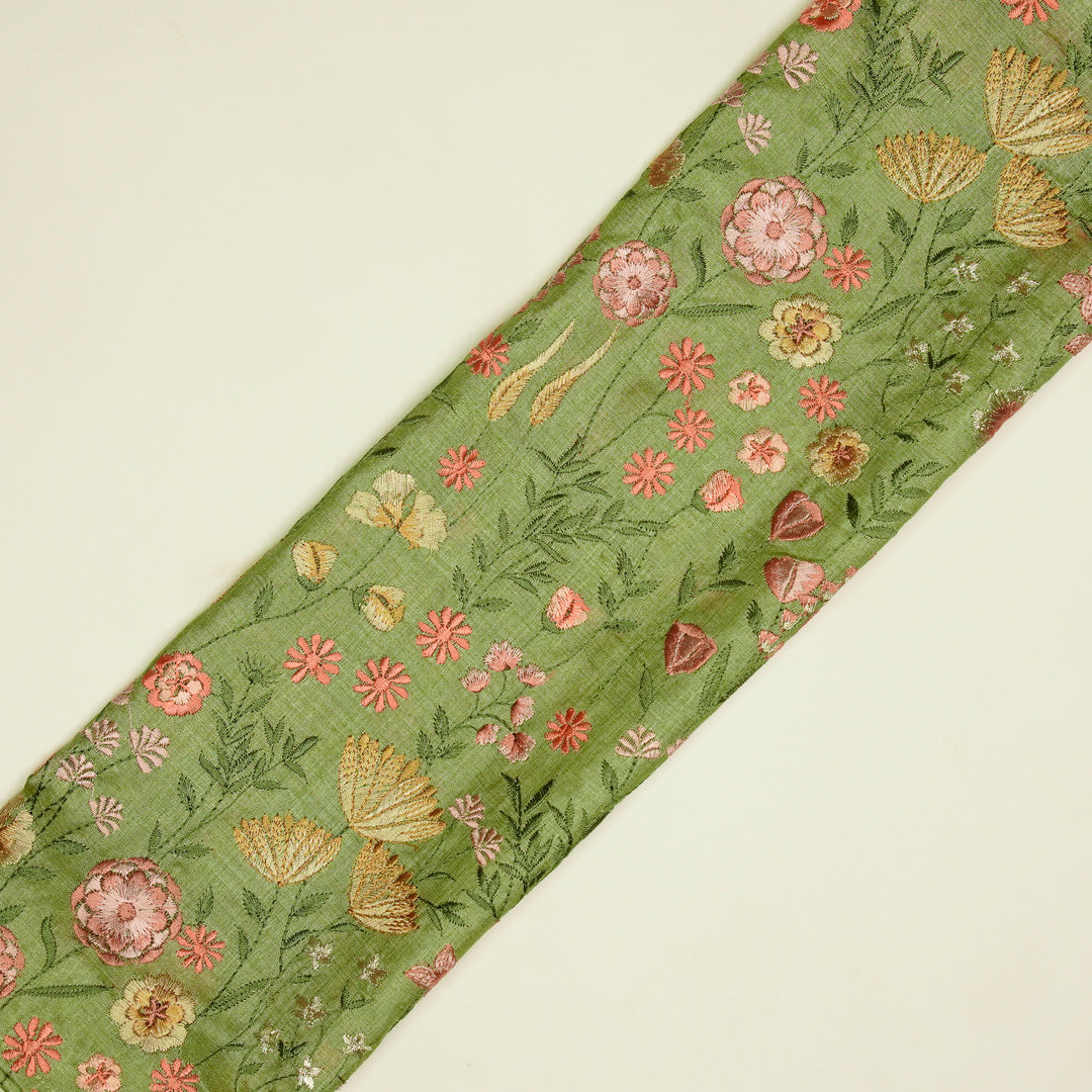 Madhuban Jaal On Pista Green Tussar Silk Embroidered Fabric