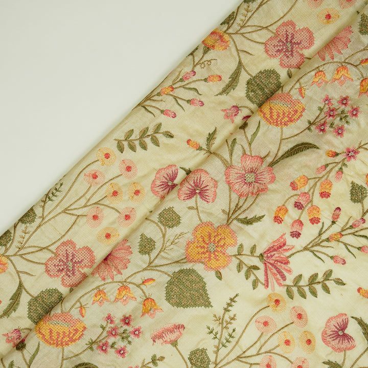 Kanan Jaal On Natural Tussar Silk Embroidered Fabric