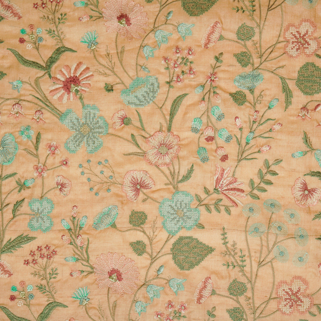 Kanan Jaal On Light Peach Tussar Silk Embroidered Fabric