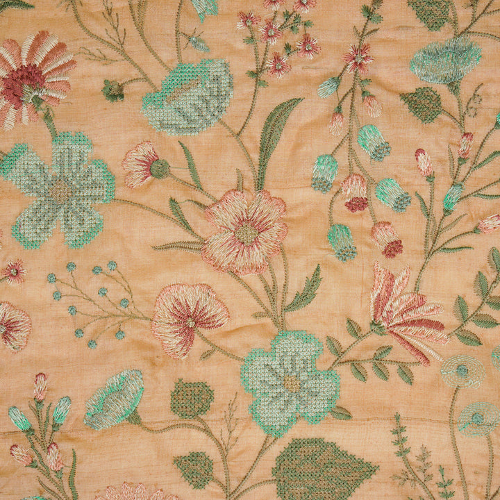 Kanan Jaal On Light Peach Tussar Silk Embroidered Fabric