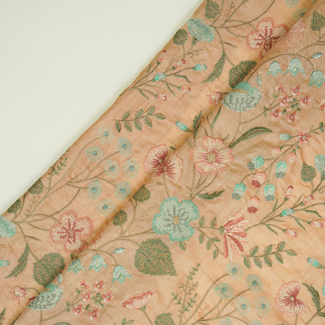 Kanan Jaal On Light Peach Tussar Silk Embroidered Fabric