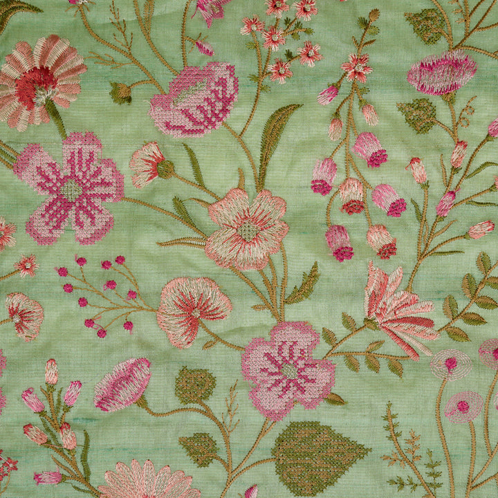 Kanan Jaal On Sea Green Tussar Silk Embroidered Fabric