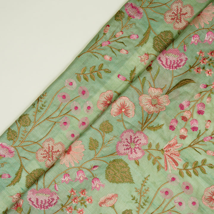 Kanan Jaal On Sea Green Tussar Silk Embroidered Fabric