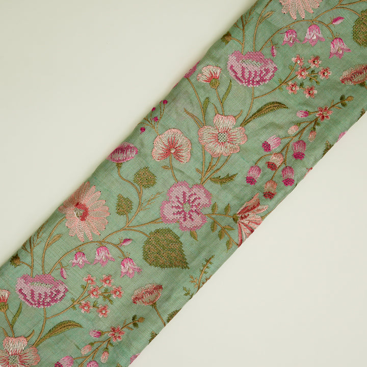 Kanan Jaal On Sea Green Tussar Silk Embroidered Fabric