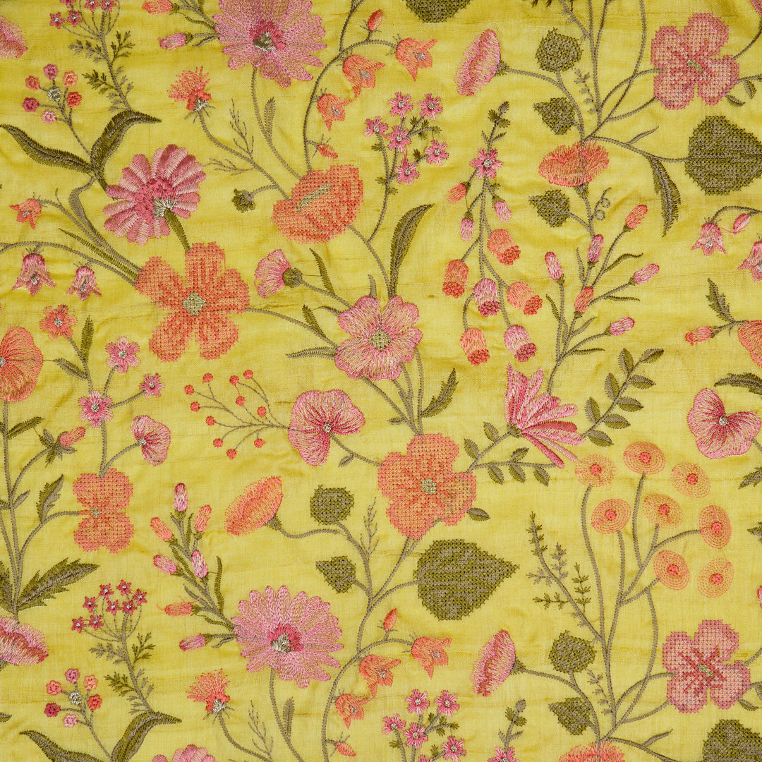 Kanan Jaal On Lemon Tussar Silk Embroidered Fabric