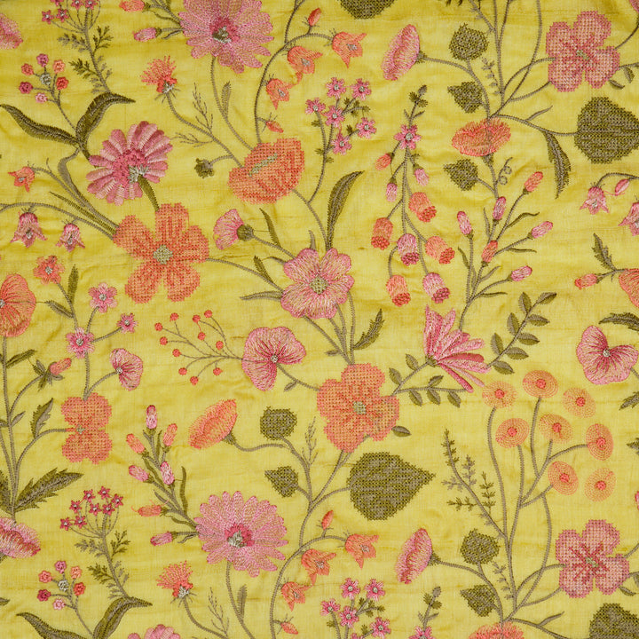 Kanan Jaal On Lemon Tussar Silk Embroidered Fabric