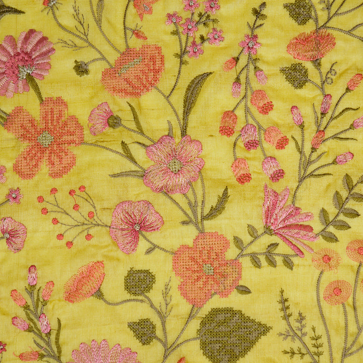 Kanan Jaal On Lemon Tussar Silk Embroidered Fabric