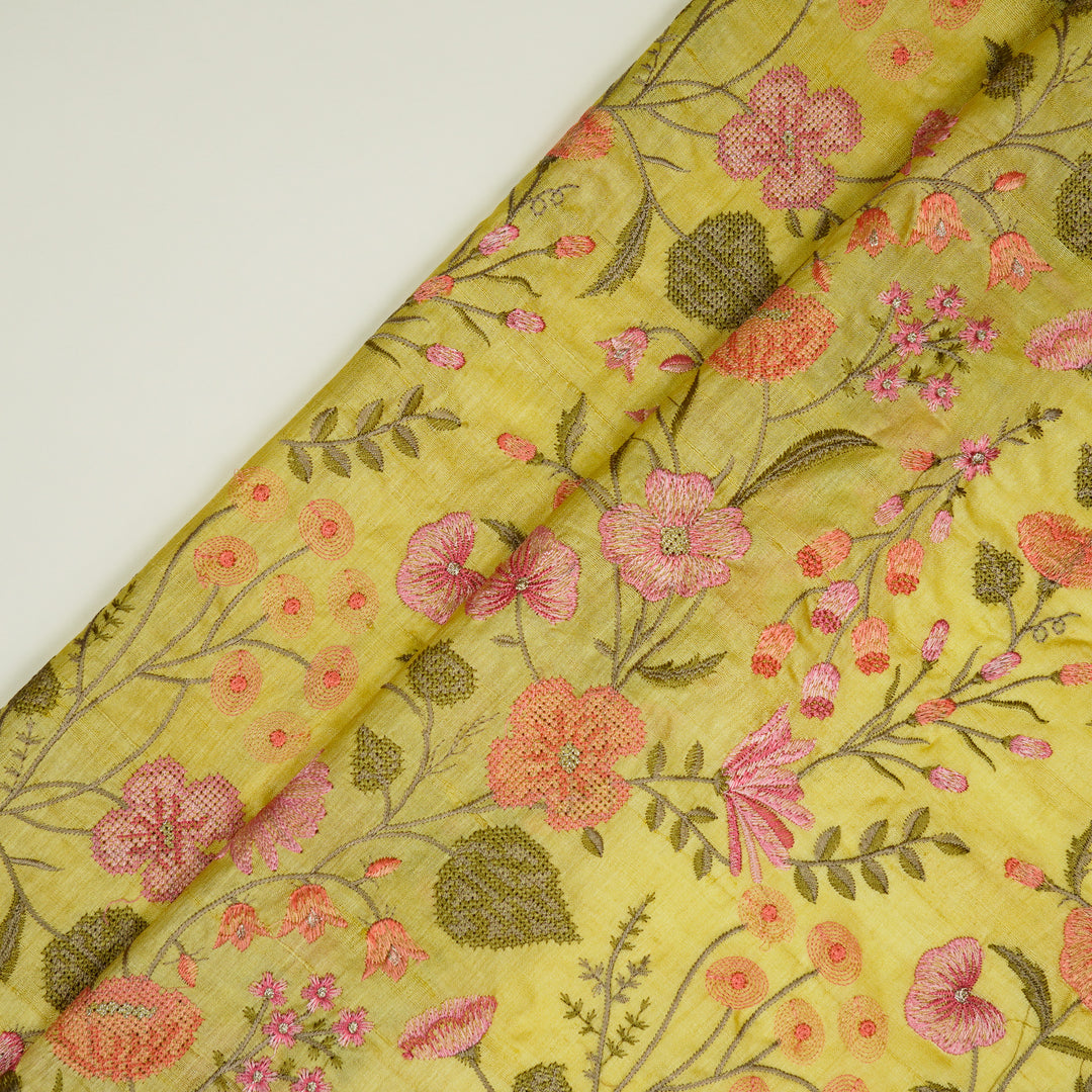 Kanan Jaal On Lemon Tussar Silk Embroidered Fabric