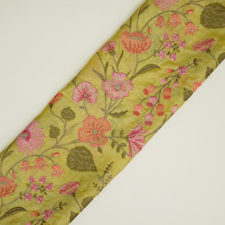 Kanan Jaal On Lemon Tussar Silk Embroidered Fabric