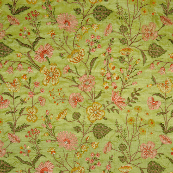 Kanan Jaal On Olive Green Tussar Silk Embroidered Fabric