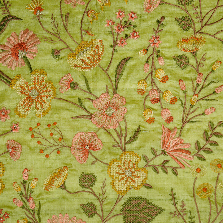 Kanan Jaal On Olive Green Tussar Silk Embroidered Fabric