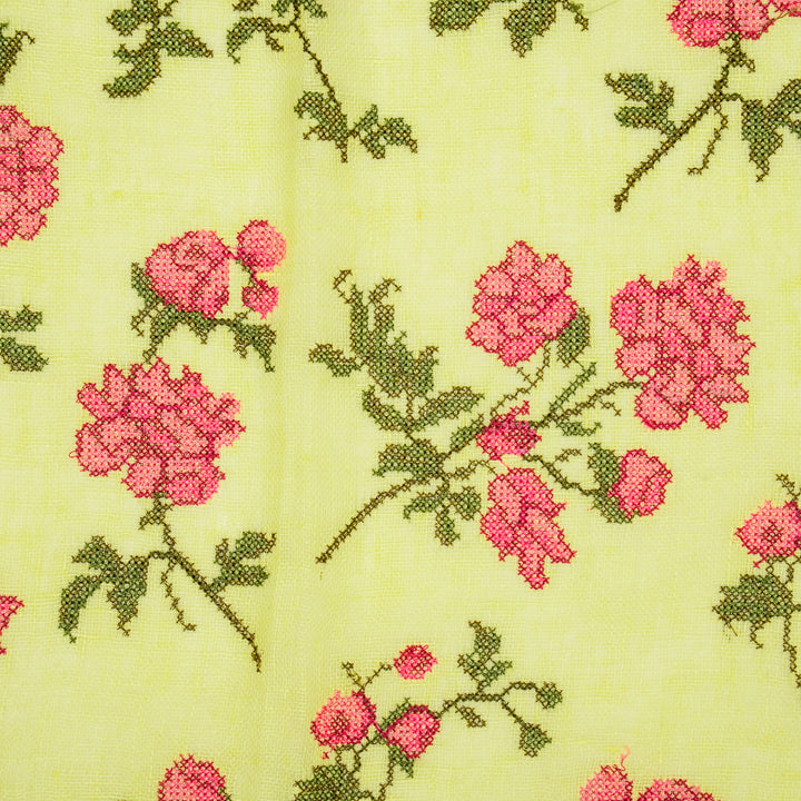 Mahek Flora Buta on Lemon Gauged Linen