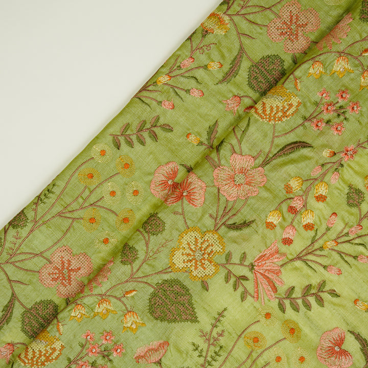 Kanan Jaal On Olive Green Tussar Silk Embroidered Fabric