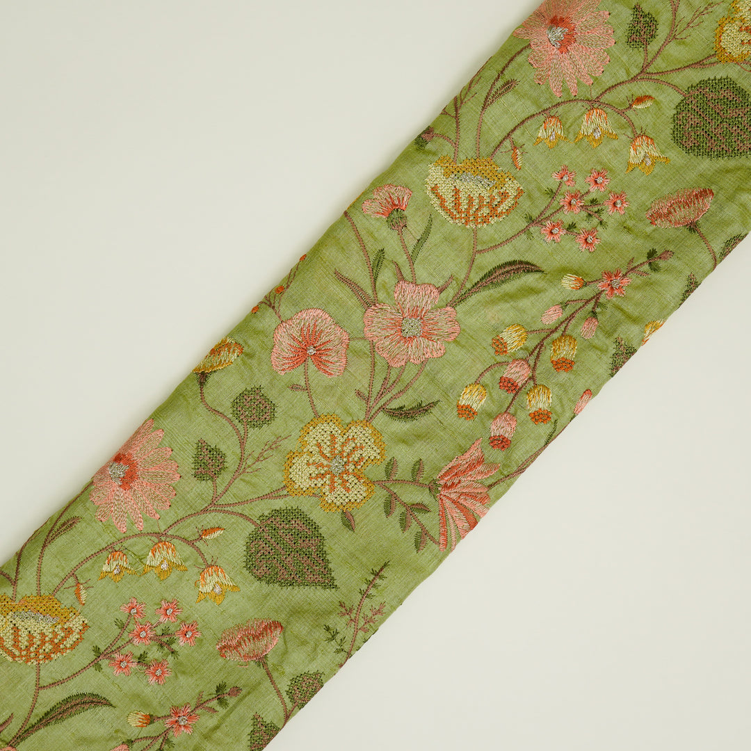 Kanan Jaal On Olive Green Tussar Silk Embroidered Fabric