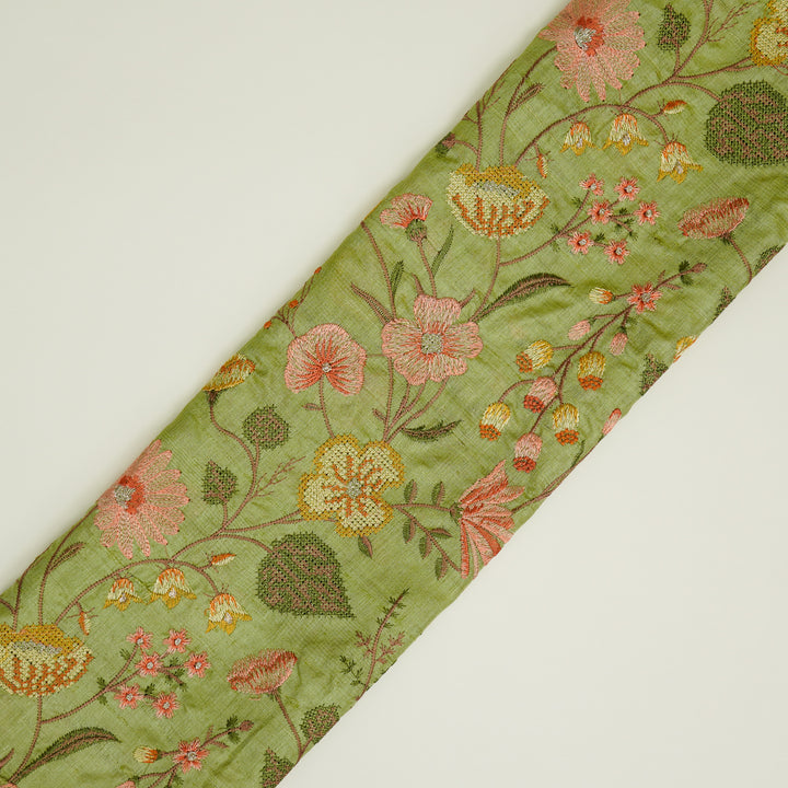Kanan Jaal On Olive Green Tussar Silk Embroidered Fabric