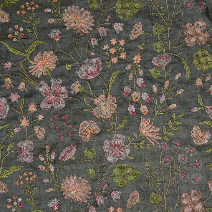 Kanan Jaal On Charcoal Tussar Silk Embroidered Fabric