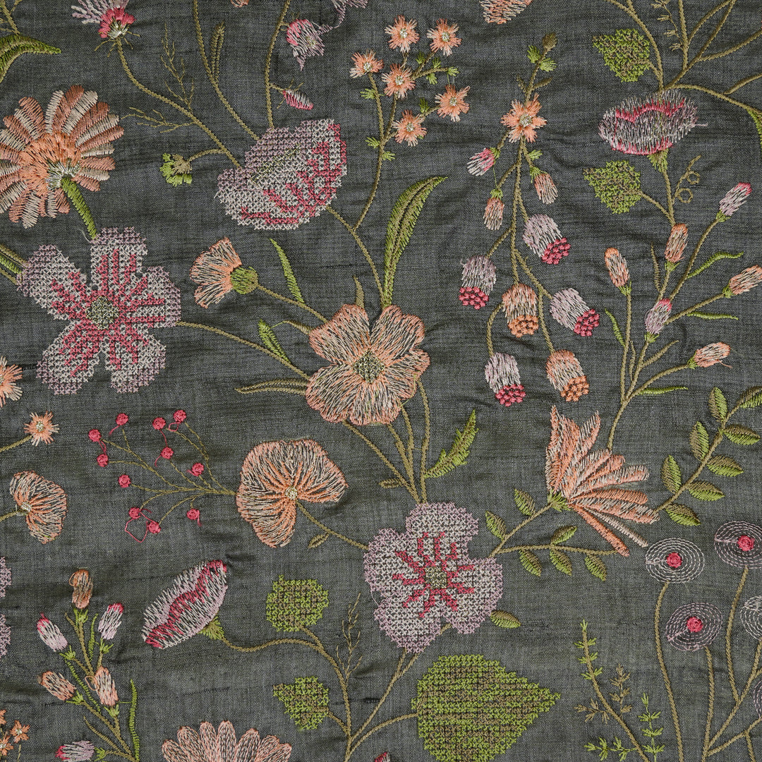 Kanan Jaal On Charcoal Tussar Silk Embroidered Fabric