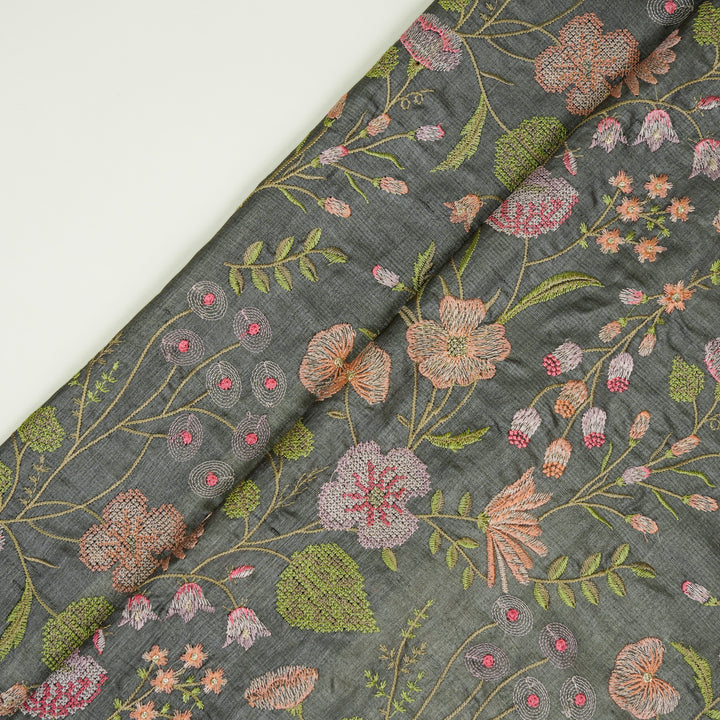Kanan Jaal On Charcoal Tussar Silk Embroidered Fabric