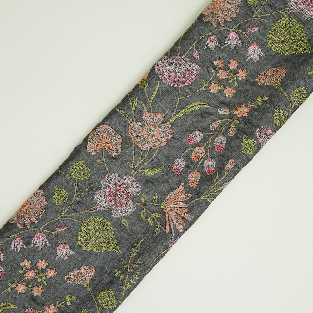 Kanan Jaal On Charcoal Tussar Silk Embroidered Fabric