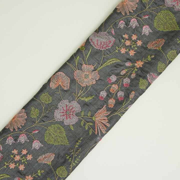 Kanan Jaal On Charcoal Tussar Silk Embroidered Fabric