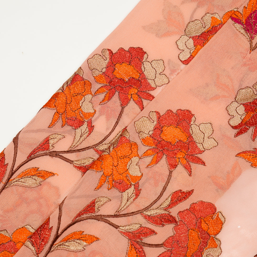 Siara Floral Jaal on Light Peach Semi Georgette Embroidered Fabric