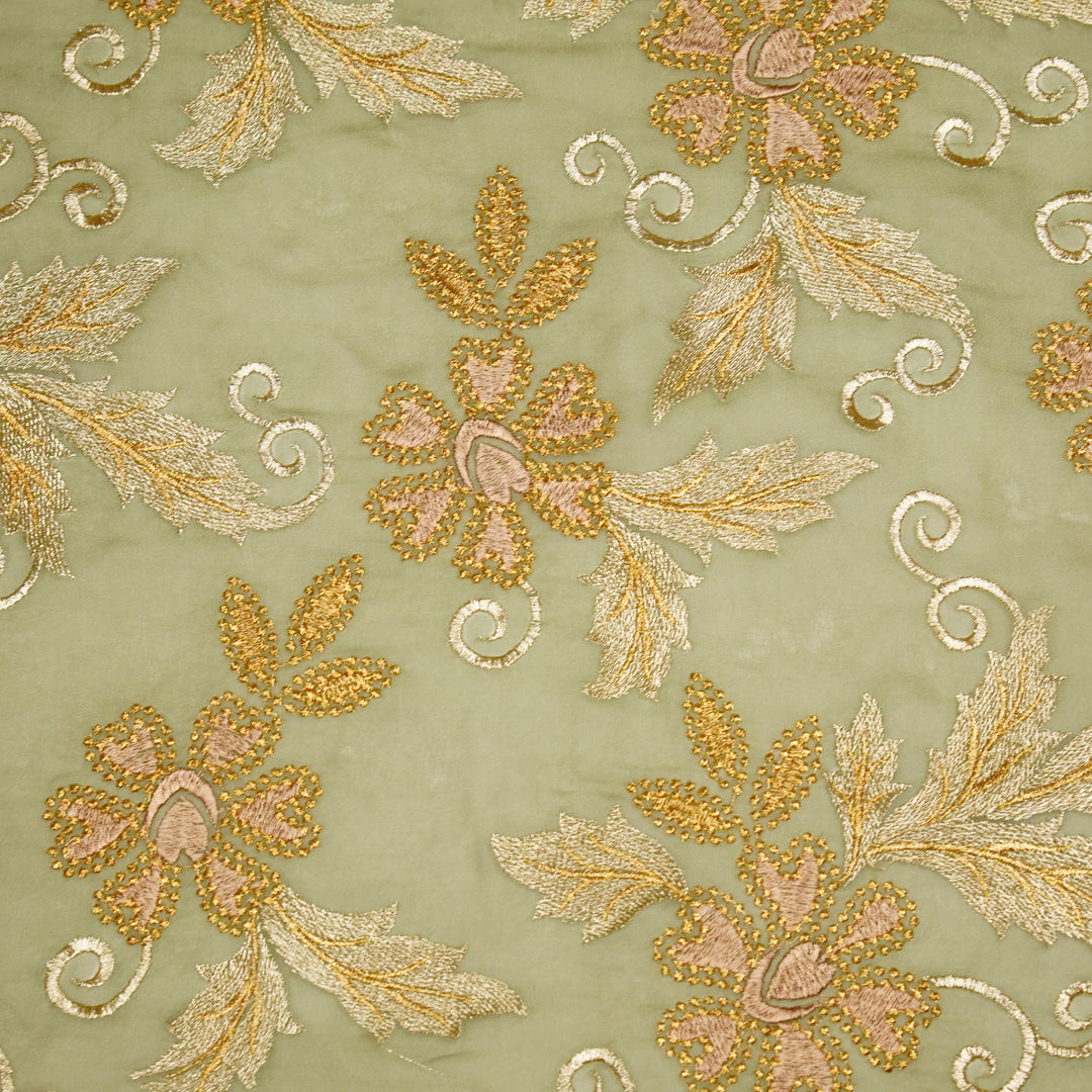 Leila Buta on Olive Green Semi Georgette Embroidered Fabric